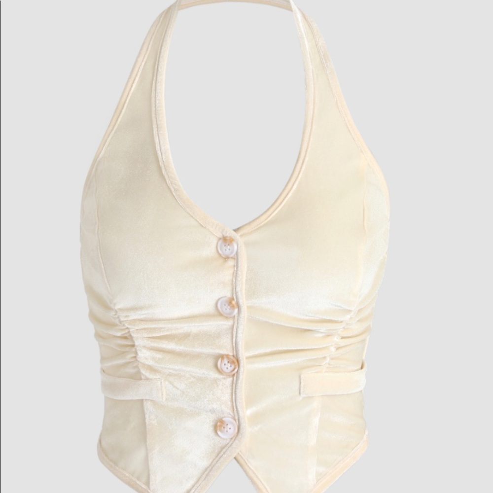 Button Up Beige Halter Waistcoat Top